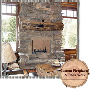 Rock fireplace handcrafted with log mantle, bozeman, mt